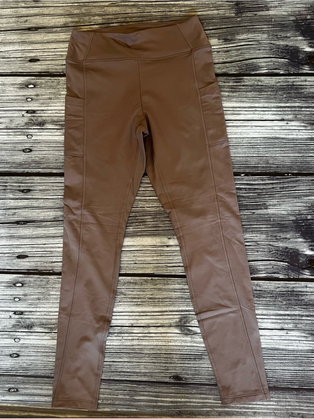 Women’s Pink Active Fleece Lined Leggings with Side Pockets in Taupe